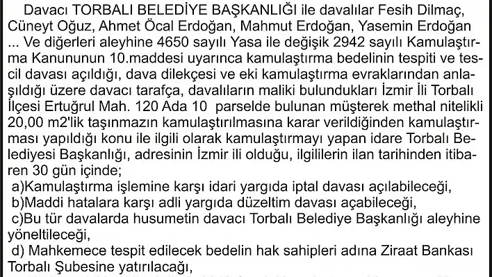 KAMULAŞTIRMA İLANI TORBALI 2 ASLİYE HUKUK MAHKEMESİNDEN BASIN.268230 05.03.2016